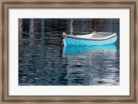 Framed Greece, Cyclades, Mykonos, Hora Blue Fishing Boat with Reflection Print