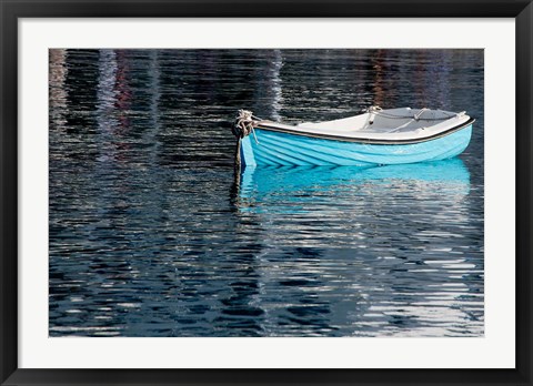 Framed Greece, Cyclades, Mykonos, Hora Blue Fishing Boat with Reflection Print