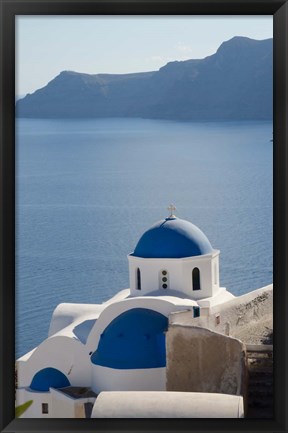 Framed Blue church dome, Oia, Santorini, Greece Print