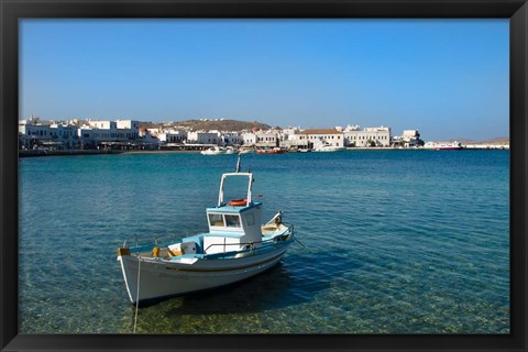 Framed Mykonos, Greece Boat off the island with view of the city behind Print