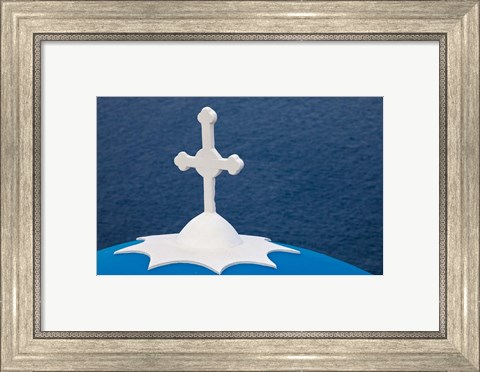 Framed Church with blue dome and white cross in village of Firostefani, Santorini, Greece Print