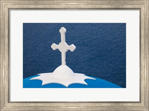 Framed Church with blue dome and white cross in village of Firostefani, Santorini, Greece Print