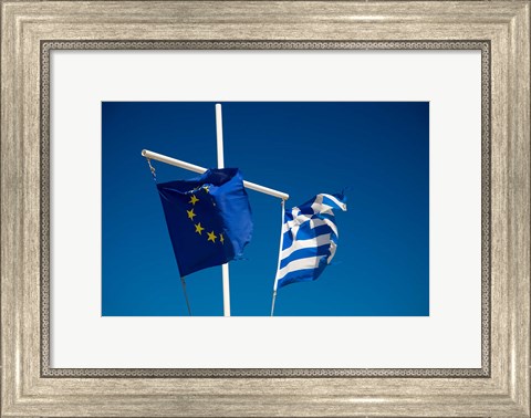 Framed Greece, Mykonos, Hora harbor, Union and Greek Flags Print