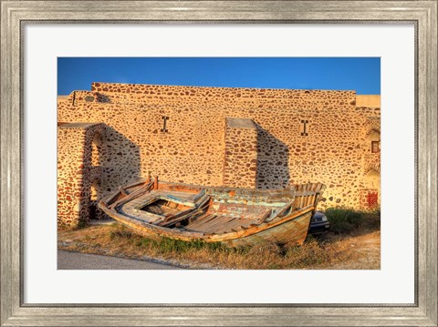 Framed Old fishing boat on dry land, Oia, Santorini, Greece Print