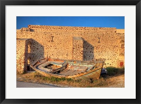 Framed Old fishing boat on dry land, Oia, Santorini, Greece Print