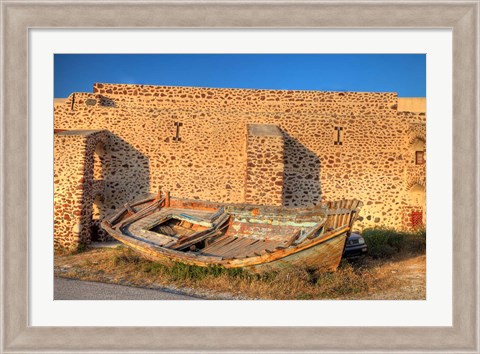 Framed Old fishing boat on dry land, Oia, Santorini, Greece Print