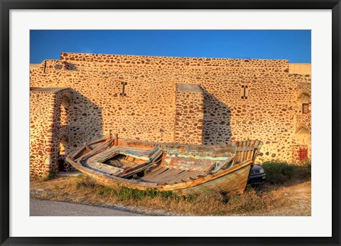 Framed Old fishing boat on dry land, Oia, Santorini, Greece Print