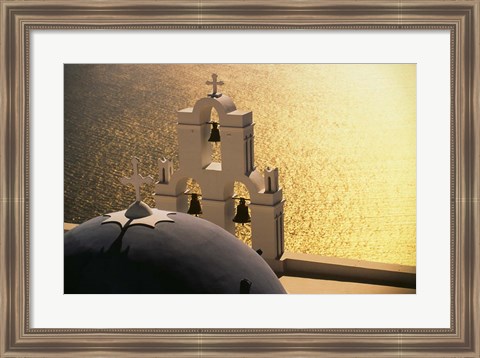 Framed Seaside church tower with bell, Santorini, Greece Print