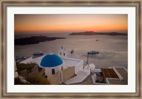 Framed Blue Domed Church and Bell Tower, Fira, Santorini, Greece Print