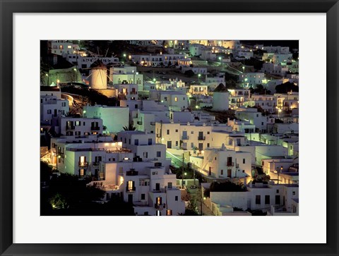 Framed Hilltop Buildings at Night, Mykonos, Cyclades Islands, Greece Print