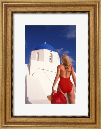 Framed Woman in Swimsuit, Fira, Santorini, Greece Print