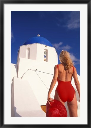 Framed Woman in Swimsuit, Fira, Santorini, Greece Print