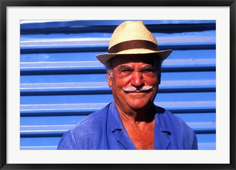 Framed Close Up of Native Man with Blue Wall, Athens, Greece Print