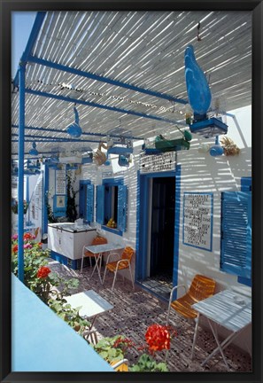 Framed Breakfast Bar with Bird Cages, Thira, Cyclades Islands, Greece Print