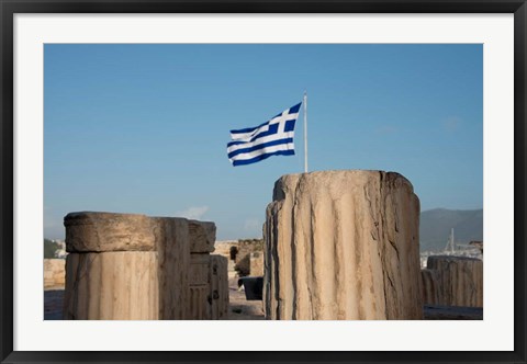 Framed Greece, Athens, Acropolis Column ruins and Greek Flag Print