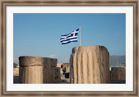 Framed Greece, Athens, Acropolis Column ruins and Greek Flag Print