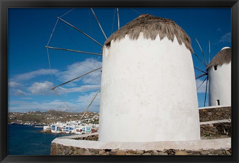 Framed Greece, Cyclades, Mykonos, Hora Cycladic windmill in &#39;Little Venice&#39; Print