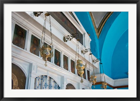 Framed Greece, Cyclades, Mykonos, Hora Wall icons and oil lamps of a church Print