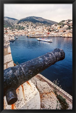 Framed Cannon, hydrofoil boat, harbor, Hydra Island, Greece Print