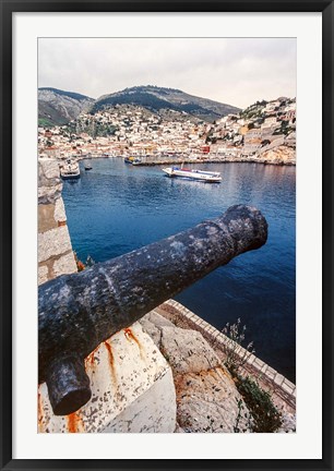 Framed Cannon, hydrofoil boat, harbor, Hydra Island, Greece Print