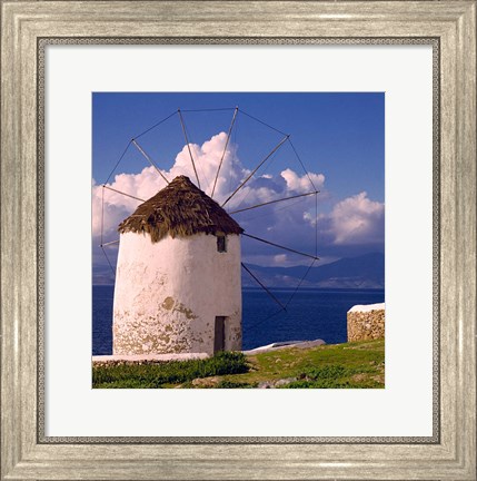 Framed Greece, Mykonos, Windmill looks over Azure Sea Print