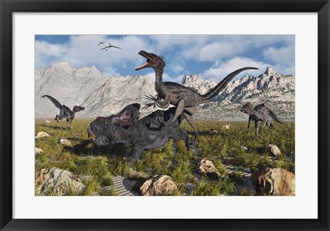 Framed Pack of Velociraptors Print