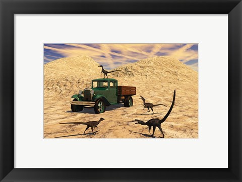 Framed Velociraptors React Curiously to a 1930&#39;s American Pickup Truck Print