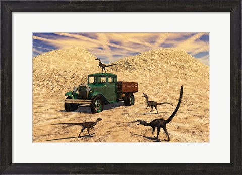 Framed Velociraptors React Curiously to a 1930&#39;s American Pickup Truck Print