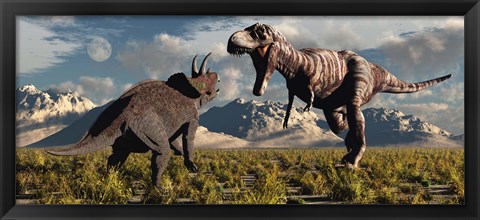 Framed T- Rex and Triceratops meet for a Battle 4 Print