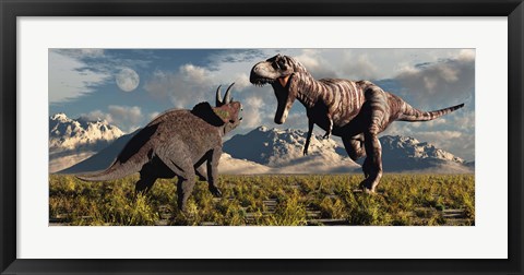 Framed T- Rex and Triceratops meet for a Battle 4 Print