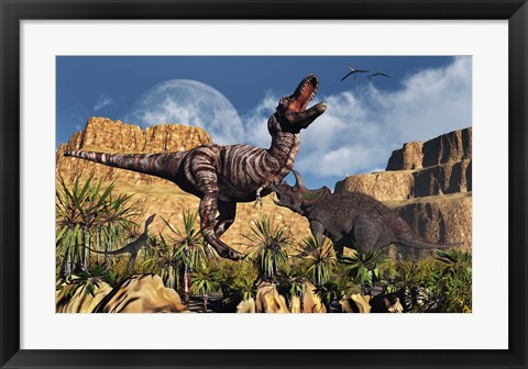 Framed Confrontation between Tyrannosaurus Rex and Triceratops Print