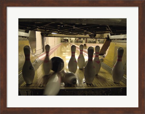 Framed Bowling Ball Hitting Bowling Pins Print