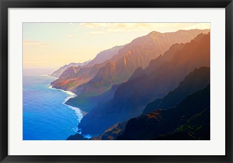 Framed Mountain range at sunrise, Na Pali Coast, Kauai, Hawaii, USA Print