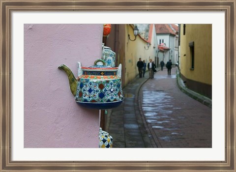 Framed Wall Decorated with Teapot and Cobbled Street in the Old Town, Vilnius, Lithuania II Print