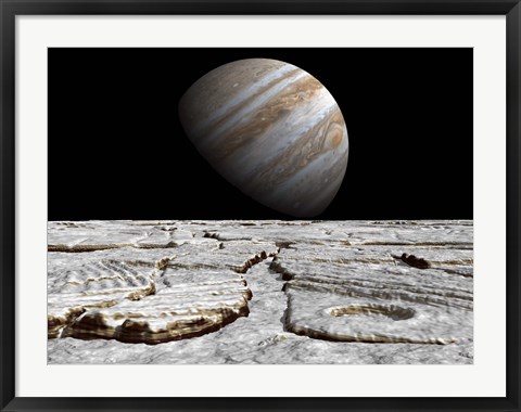 Framed Artist&#39;s concept of Jupiter as Seen Across the Icy Surface of its Moon Europa Print