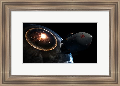 Framed Orion-drive spacecraft leaving Earth impacted by a Comet Print