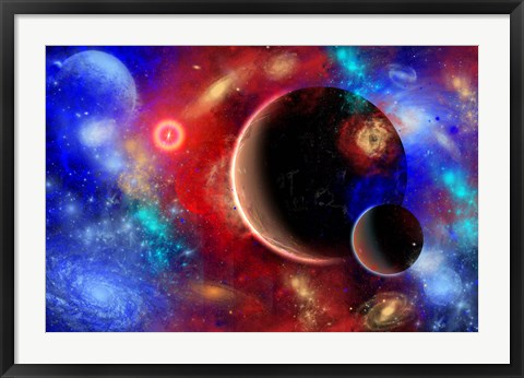 Framed distant part of space filled with stars, planets, Nebulae and remote galaxies Print