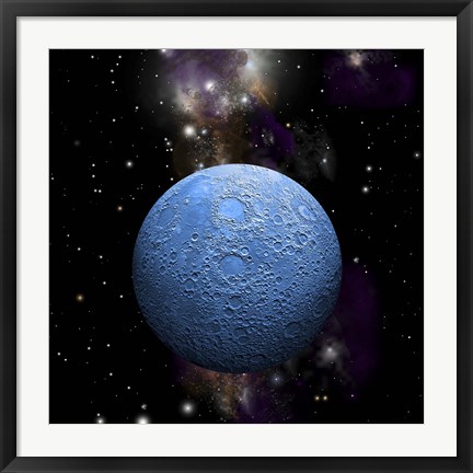 Framed Artist&#39;s depiction of a cratered moon in space with a Nebula in the background Print