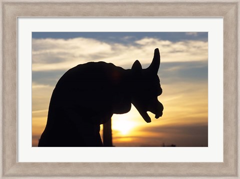 Framed Chimera of Notre Dame Cathedral at Sunset Print