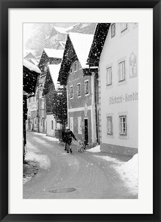 Framed Snowy Street in Hallstat, Austria Print