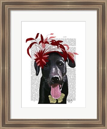 Framed Black Labrador With Red Fascinator Print