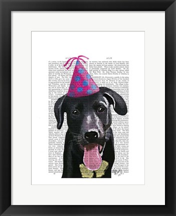 Framed Black Labrador With Party Hat Print