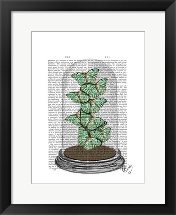 Framed Green Butterflies in Bell Jar Print