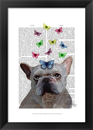 Framed White French Bulldog and Butterflies Print