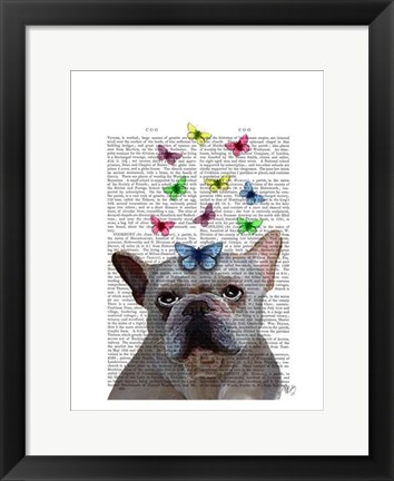 Framed White French Bulldog and Butterflies Print