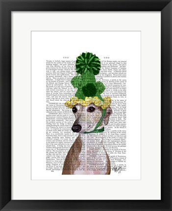 Framed Greyhound in Green Knitted Hat Print