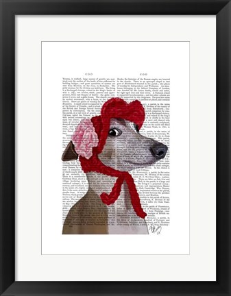 Framed Greyhound with Red Woolly Hat Print