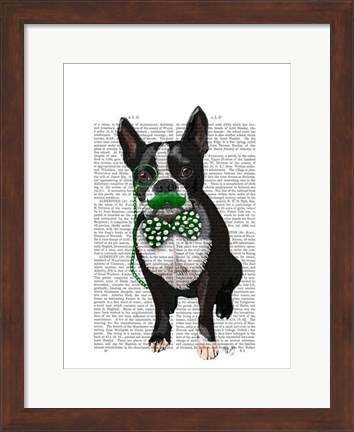 Framed Boston Terrier With Green Moustache And Spotty Green Bow Tie Print