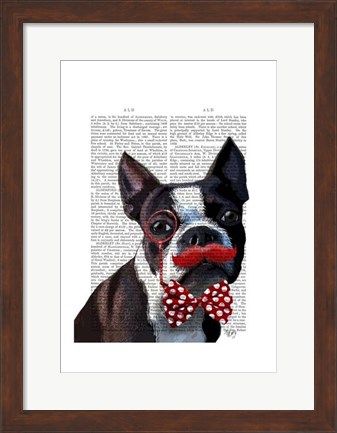 Framed Boston Terrier Portrait with Red Bow Tie and Moustache Print