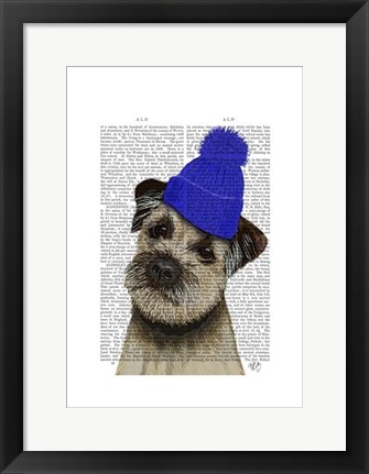 Framed Border Terrier with Blue Bobble Hat Print